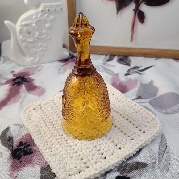 Vintage Amber Glass Bell 6.25" Floral Embossed Decorative Collectible Accent - Picture 5 of 6